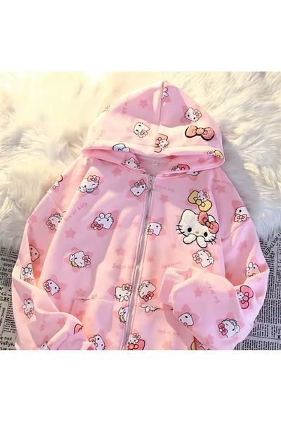 Touz Moda Kitty Detailed Zippered Hooded Cardigan