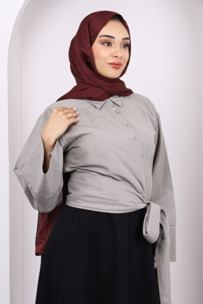 İmajButik Gray Tie Waist Crop Shirt