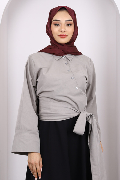 İmajButik Gray Tie Waist Crop Shirt