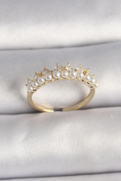 Clariss Brass Gold Color Zircon Stone Pearl Crown Model Adjustable Women's Ring