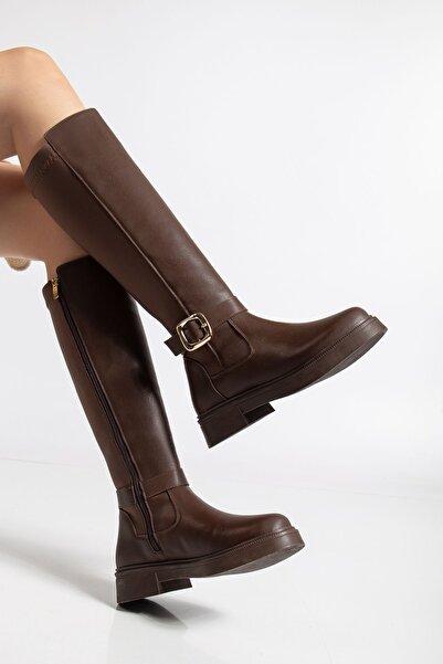 RİSSOLİ Women's Bitter Brown Matte Leather Buckle Detailed Stretch Back Boots