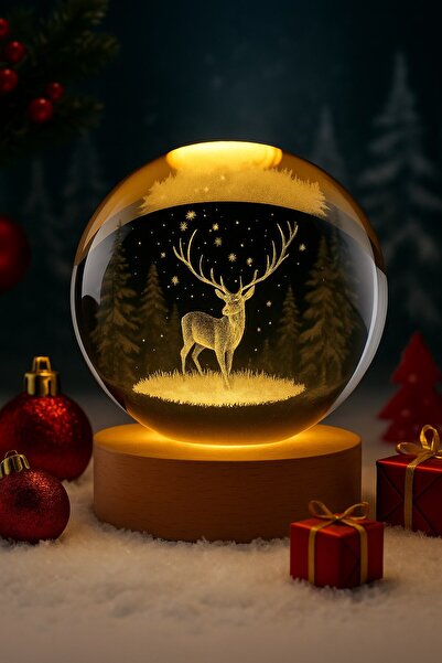 HediyeFilesi 3D Kristal Küre Geyik Figürlü Gün Işığı LED Işıklı Gece Lambası ...