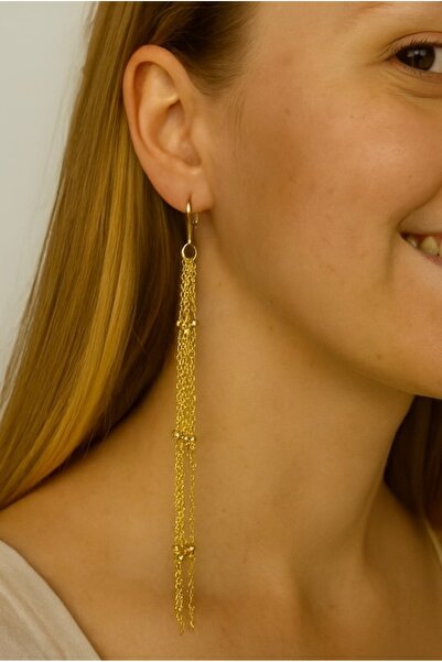 monalisatoka Kadın Gold Uzun Püsküllü Küpe Top Zincirli