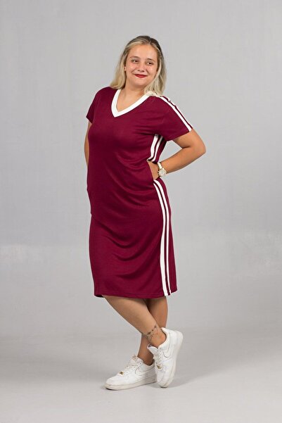 Truva XXL Plus Size Burgundy Combed Cotton Dress with White Stripes on the Side