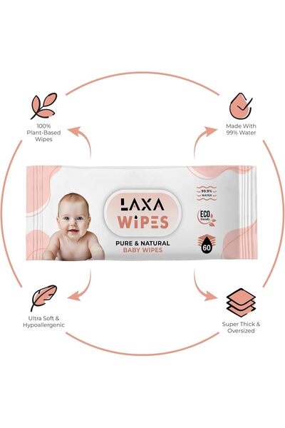 laxa wipes مناديل مبللة للأطفال، أساسها الماء بنسبة 99% - خالية من العطور للبشرة الحساسة، 240 منديلًا (4 عبوات من 60 منديلًا)
