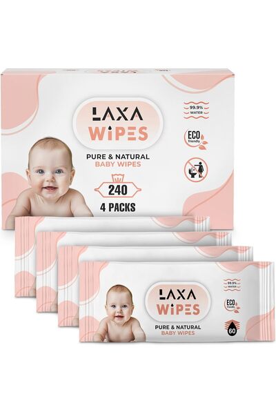laxa wipes مناديل مبللة للأطفال، أساسها الماء بنسبة 99% - خالية من العطور للبشرة الحساسة، 240 منديلًا (4 عبوات من 60 منديلًا)
