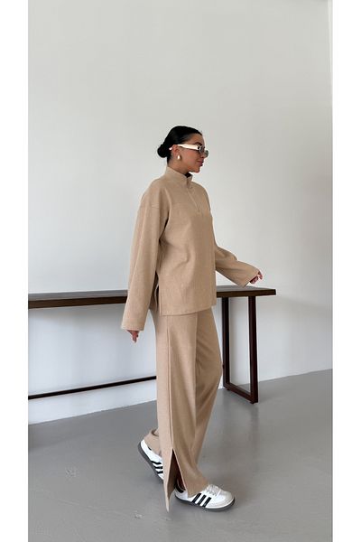 MODAGEN Women's Beige Half Zipper Stand Collar Sweatshirt with Bottom-Top Pants Set