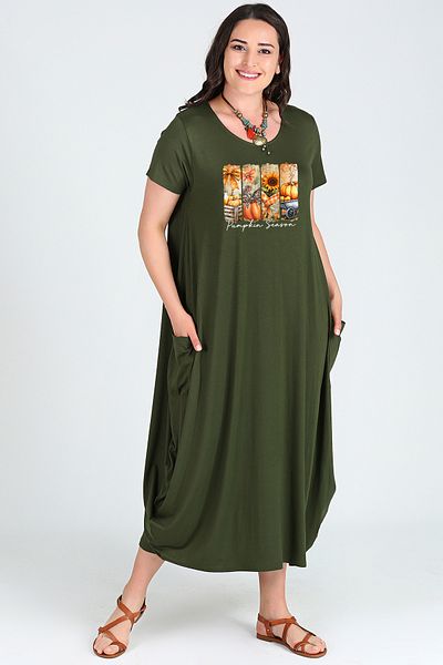 Curvy Trend Plus Size Pumpkin Season Printed Jumbo Short Sleeve Dress