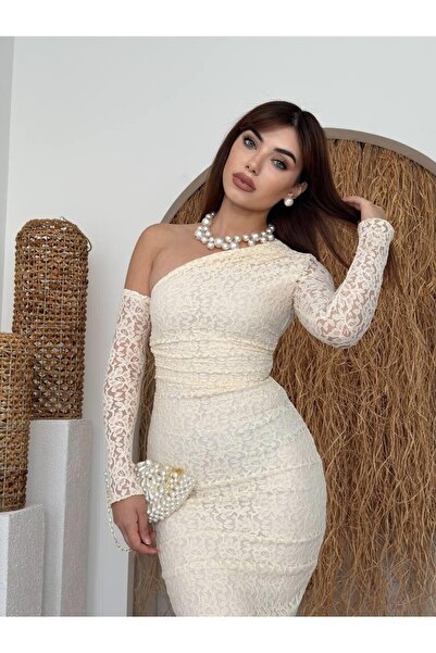 Julidress Tek Omuz Detaylı Premium Dantel Elbise