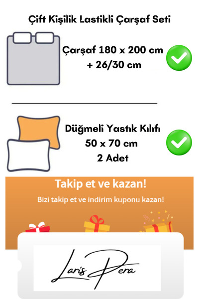 Larispera Double Fitted Sheet Set Cotton Yarn Dyed 180X200Cm Buttoned Pillowcase (50X70Cm2Pcs)