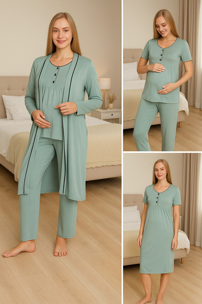 Miss Dünya Lissa Green Morning Short Sleeve Breastfeeding Suitable Pregnant and Postpartum 4 Piece Pajama Set