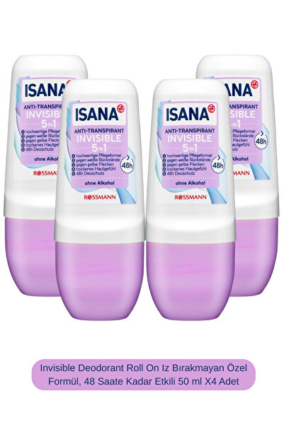 ISANA Invisible Deodorant Roll On Iz Bırakmayan Özel Formül, 48 Saate Kadar Etkili 50 ml X4 Adet