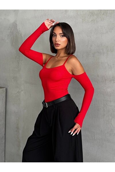 The Base Women's Red Scuba Shoulder Low-Cut Rope Strap Top