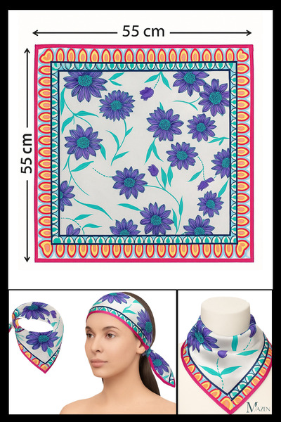 MAZEN White Background Purple Flower Patterned Bandana |   55X55Cm |   Satin Square Scarf |   Women's Hair Accessory