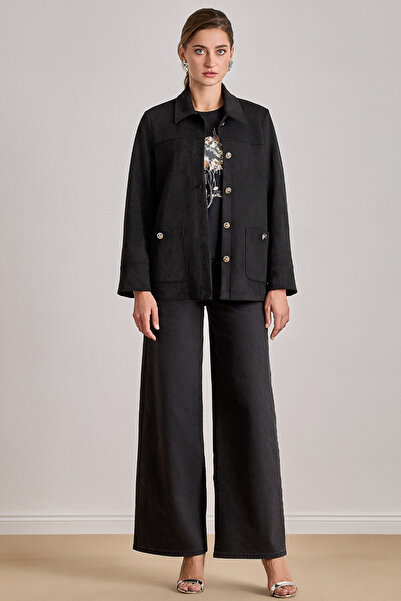 Guitar سترة من جلد الغزال الأسود مع جيوب