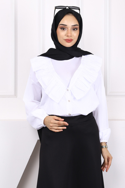 İmajButik Ecru Collar Ruffled Buttoned Shirt