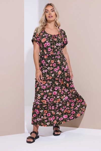 Stil Diva Plus Size Short Sleeve Floral Print Gathered Neckline Maxi Dress 270237