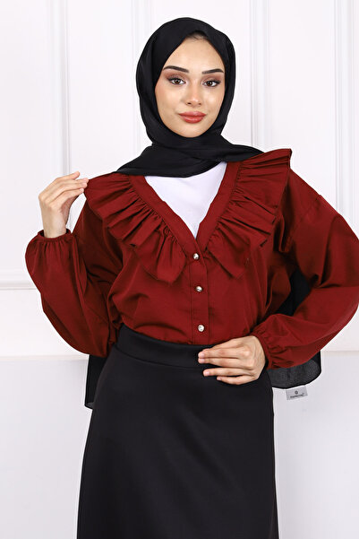 İmajButik Burgundy Collar Ruffled Button Shirt