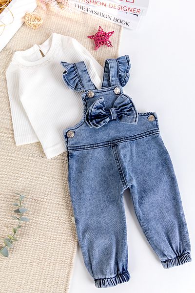 Babymod Bow Baby Girl Denim Salopet Jumpsuit Set