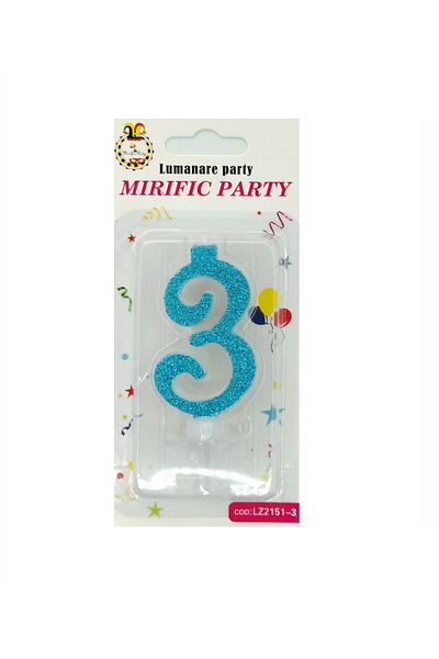 SDX Market Cake candle, number 3, Blue Glitter