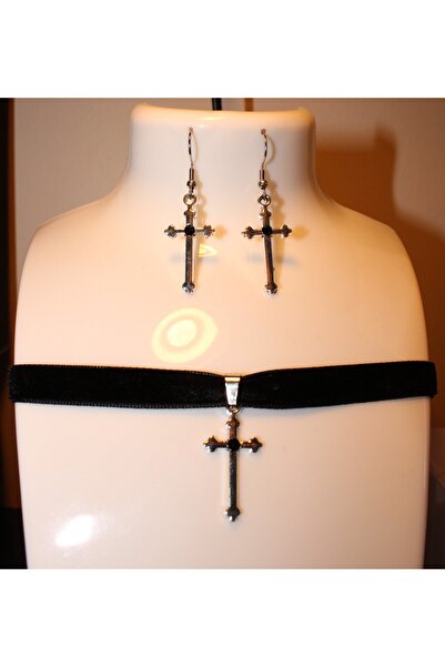 Mournbelle Gotik Siyah Taşlı Haçlı Choker Seti