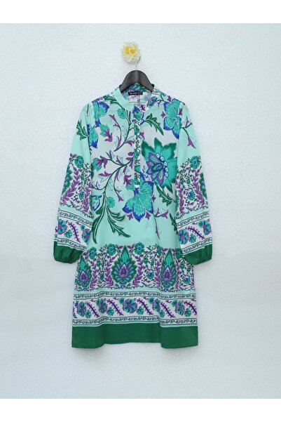trend_ermege Floral Patterned Half Buttoned Cotton Viscose Tunic -Green -Collection