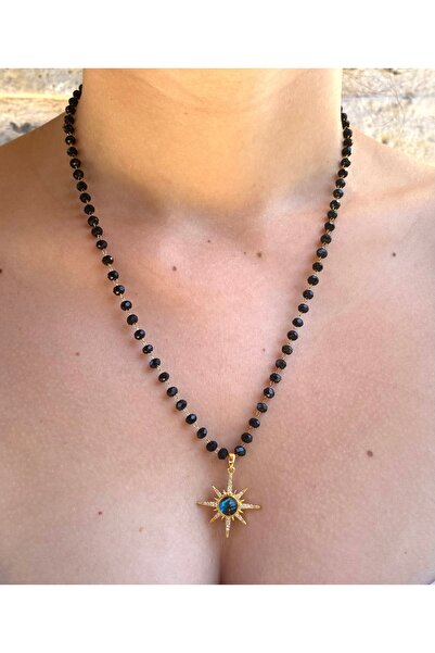 milayk Siyah Boncuk Detaylı Güneş Figürlü Çelik Kolye