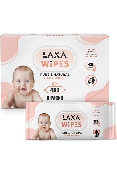 laxa wipes 99% Water Based Baby Wipes - 480 Count (8 Packs of 60)