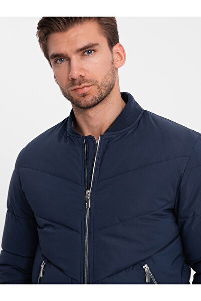 OMBRE Gesteppte Bomberjacke für Herren mit Metallreißverschlüssen - Marineblau V2 OM-JALP-0143