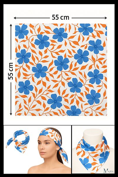 MAZEN Blue Flower Orange Leaf Patterned Bandana |   55X55Cm |   Satin Square Scarf |   Hair Accessory