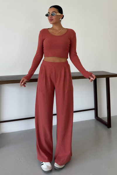 MODAGEN Women's Tile Round Neck Blouse Bottom-Top Pants Interlock Suit