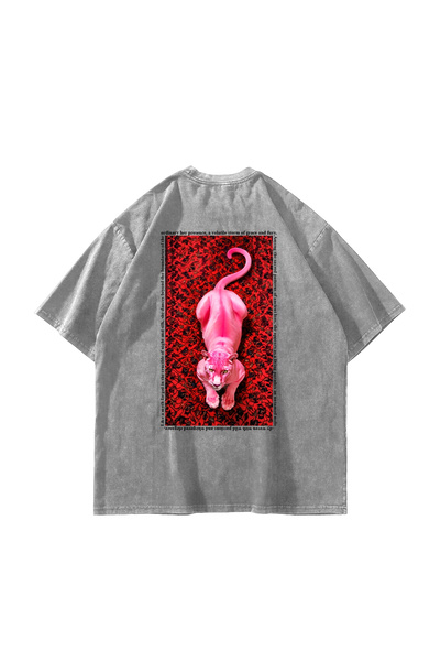 Bak Moda Tricou alb lavabil unisex oversize cu imprimeu Pink Panther