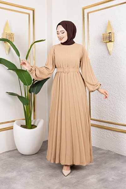 Moda Ebva Kemerli Pliseli Tesettür Elbise-3042 Vizon