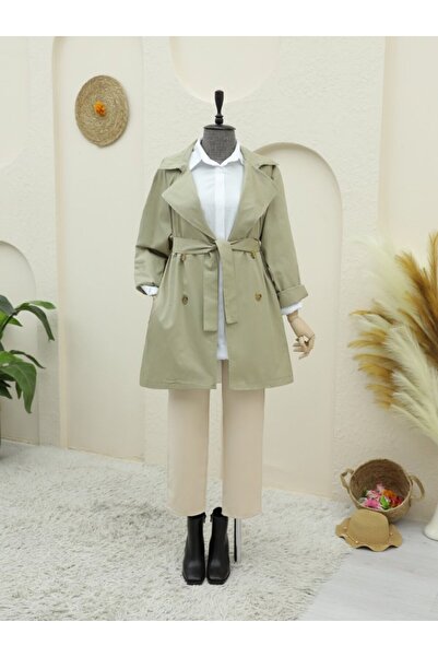 trend_ermege Bolero Detaylı Düğmeli Ara Boy Trençkot -Taş