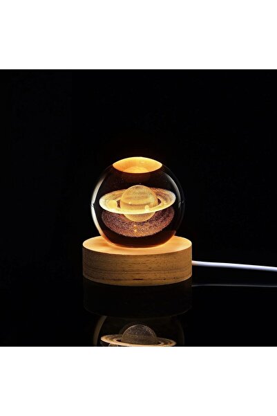HediyeFilesi 3D Satürn Kristal Küre Lamba – USB li Gün Işığı LED Işıklı Ahşap Standlı Dekoratif Masa Lambası