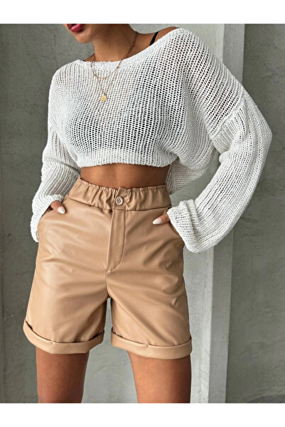 Zerenyus Elastic Waist Double Leg Leather Shorts Beige