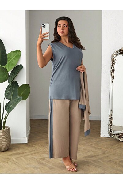 ModaSehle Plus Size 3-Piece Long Sleeve Cardigan Undershirt Bottom Stripe Viscose Suit