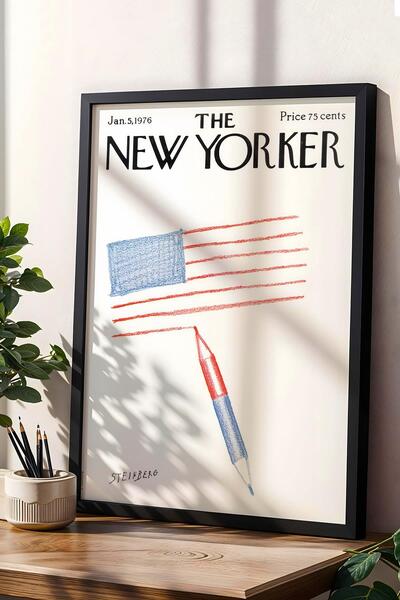 Saturn The New Yorker Framed Painting January 5 1976 - Two Centennial Flag Painting