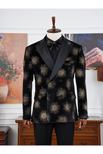 PAREZ Premium Erkek Slim Fit İtalyan Stil Desenli Smokin Damatlık - Siyah - X...