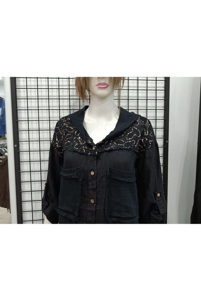 Butik Şans Italian Linen Jacket with Guipure Detail and Sequined Hood