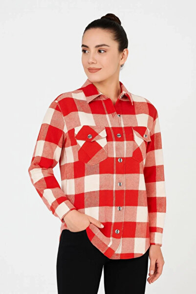 LUMİART Women's Lumberjack Shirt Long Sleeve Red and White Checkered Pattern ...