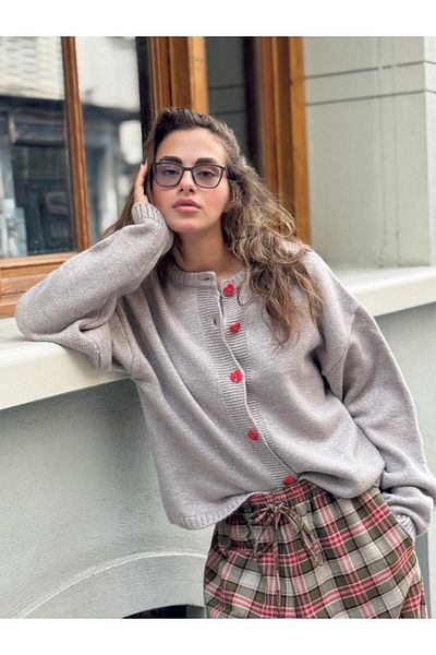 Retrobird Heart Buttoned Glitter Cardigan Women Gray