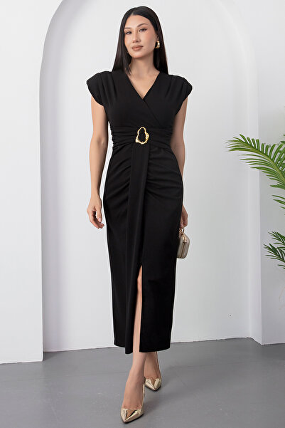 PULLIMM Kruvaze Yaka Omuz Vatkalı Tokalı Elbise NY3003