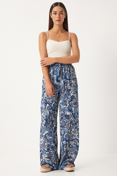 Lovelyİstanbul Patterned Flowing Viscose Palazzo Trousers Len0003 Indigo Blue
