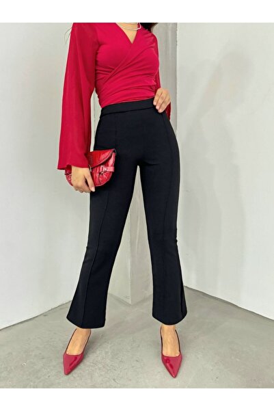 ALPACO Pantaloni spanioli material elastic cu talie elastică - negru