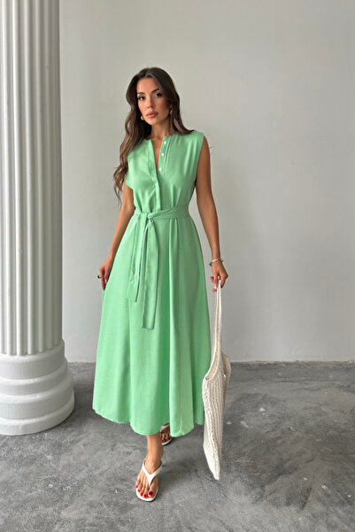 ALPACO Linen Dress Sleeveless Waist Tie Maxi Dress - Green