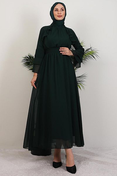 GİYZAMİLA Ruffle Chiffon Dress Emerald