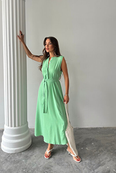 ALPACO Linen Dress Sleeveless Waist Tie Maxi Dress - Green
