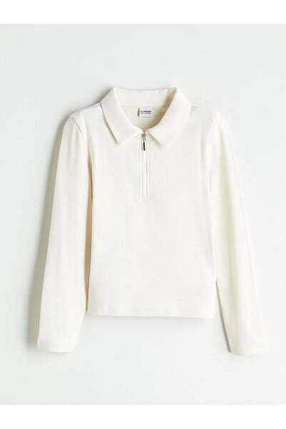 LC Waikiki Tricou ecru cu guler polo cu mânecă lungă pentru fetiță