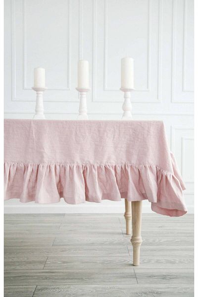 shules collection Buldan Linen Ruffled Vintage Pink Tablecloth